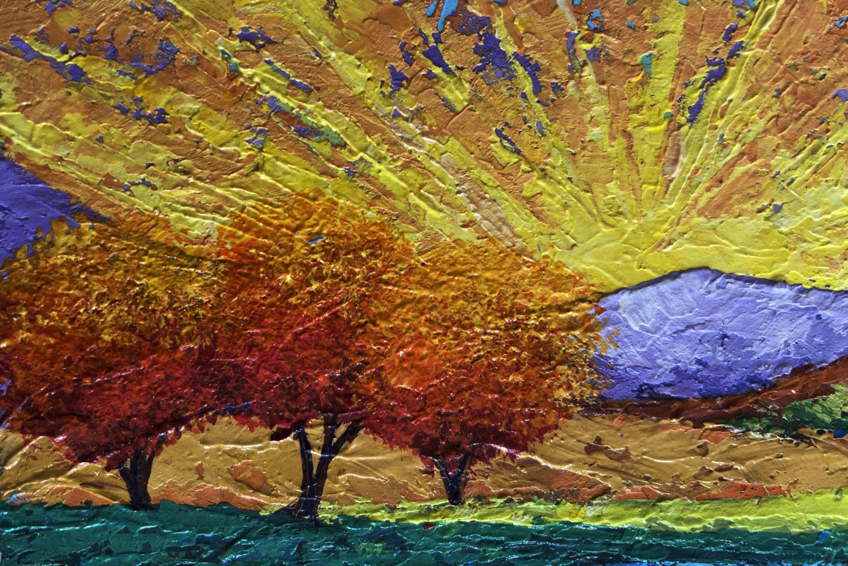 Vibrant oil painting of autumn trees under yellow sun rays by V. Zadorozhnya