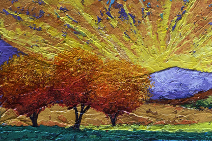 Vibrant oil painting of autumn trees under yellow sun rays by V. Zadorozhnya