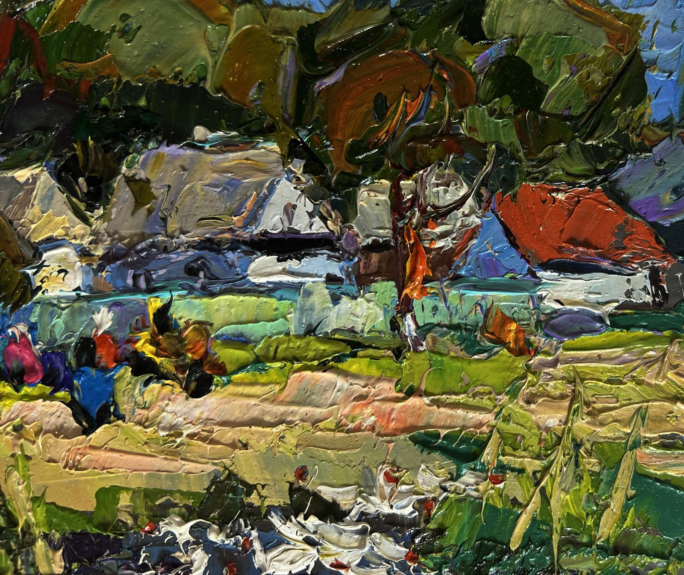 Vibrant impressionist oil painting of ducks swimming in lush river landscape by Oksana Ivanyuk