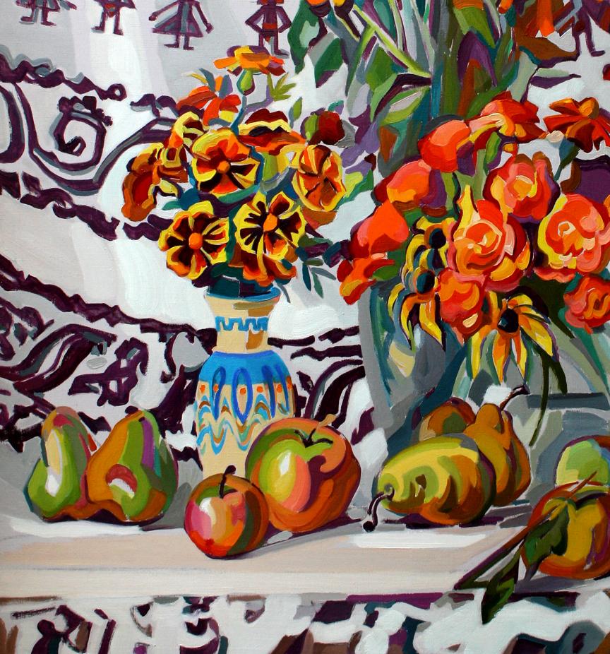 Oil painting of vibrant orange yellow flowers in blue cream vase by Leonid Pavlenko