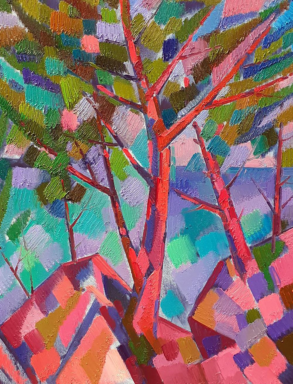 Vibrant oil painting Trees among the rocks by Peter Dobrev with bold red trunks