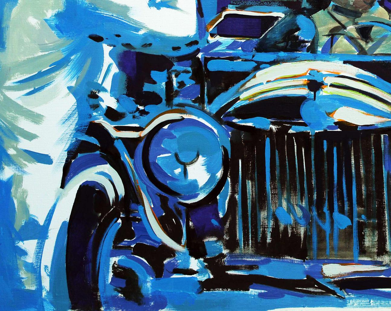 Vibrant blue abstract classic car oil painting Good evening with friends Ed Potapenkov