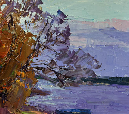 Textured impressionist oil painting Silent Drift by Boris Serdyuk, coastal river scene