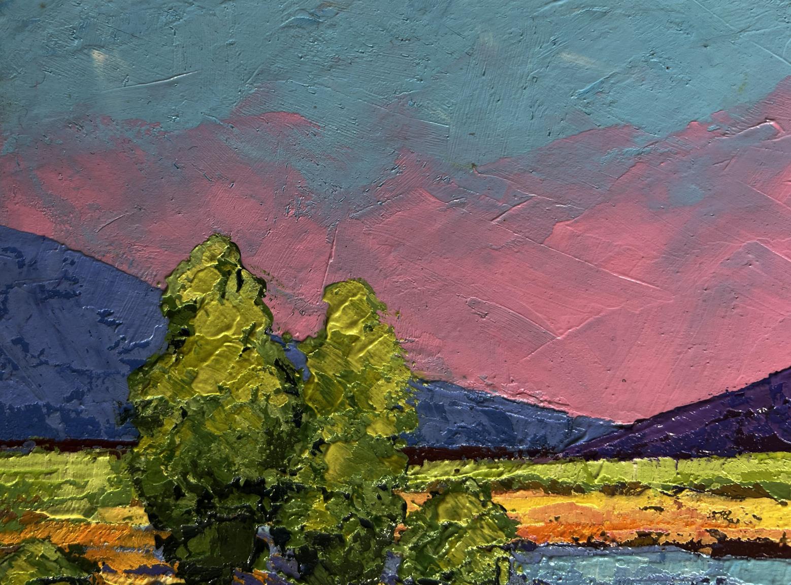 Oil painting Gentle pink sunset V. Zadorozhnya with green trees and teal sky