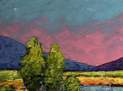 Oil painting Gentle pink sunset V. Zadorozhnya with green trees and teal sky
