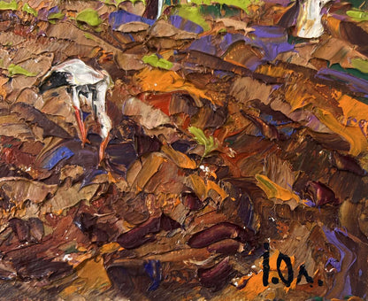 Oil painting of white bird in autumn leaves by Oleksiy Ivanyuk