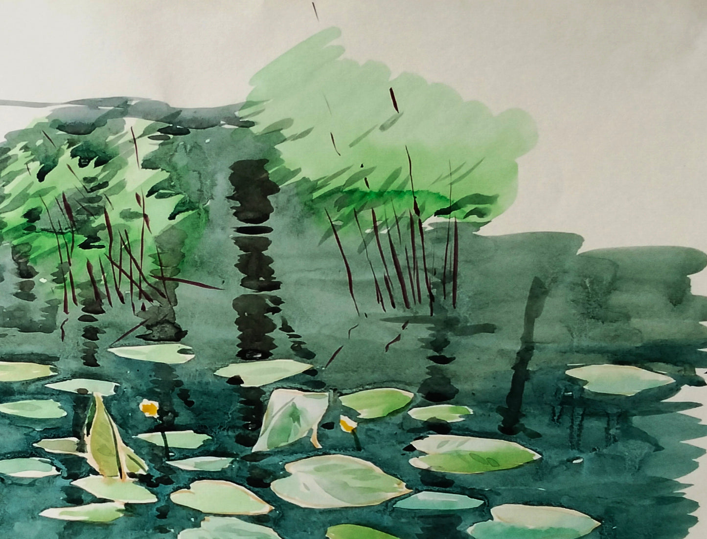 Watercolor painting of tranquil pond with lily pads, Mirror of sky and secrets by Vitaly Duhnevich