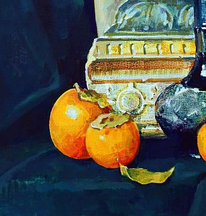 Oil painting of two orange persimmons by Anastasia Yaroshevich