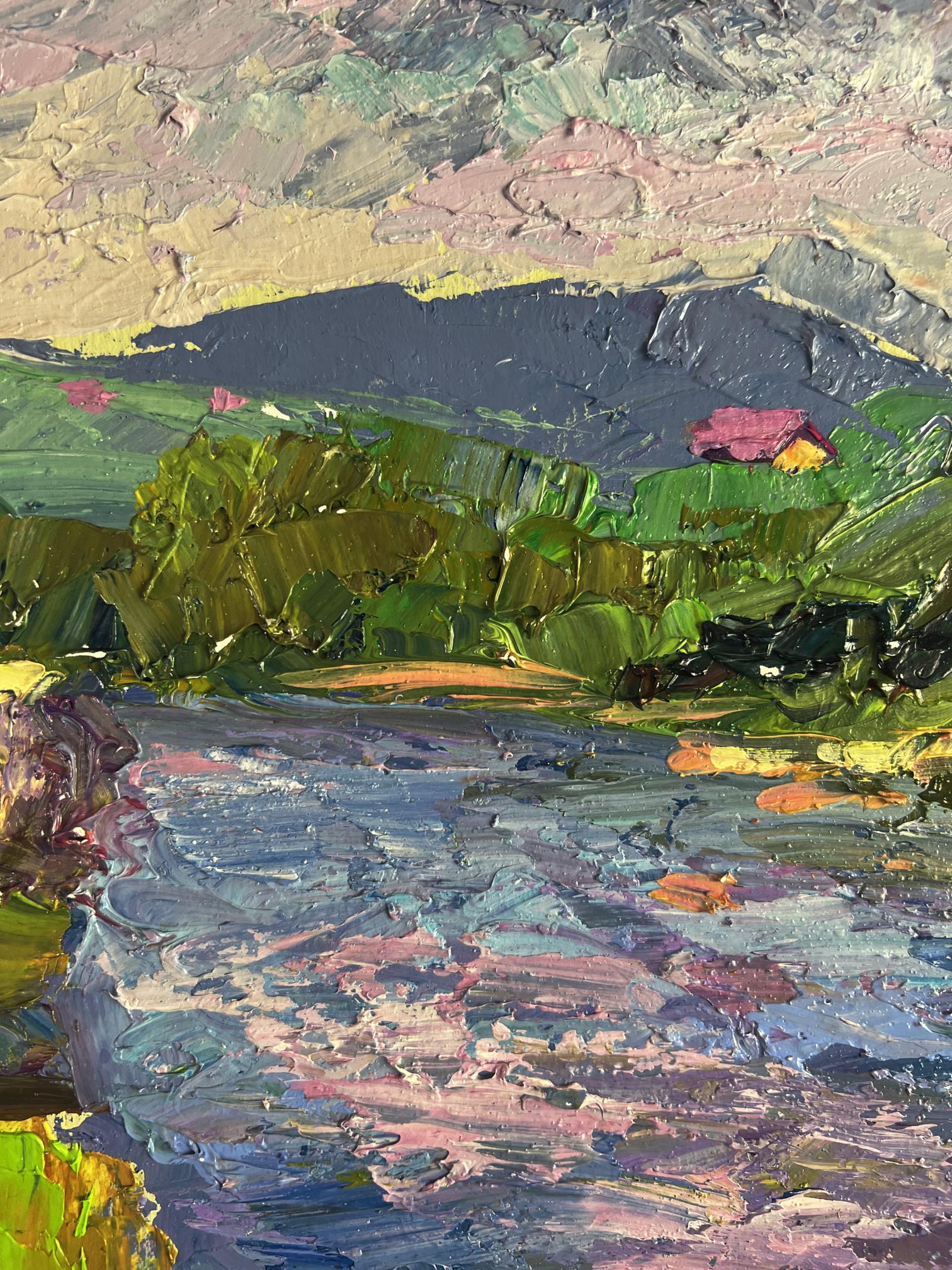 Vibrant impressionist oil painting of Boris Serdyuk mountain river with green hills