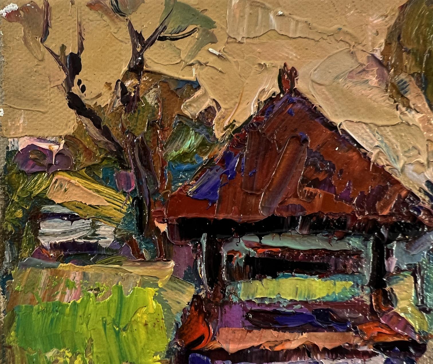 Oil painting of rustic village hut by Oksana Ivanyuk