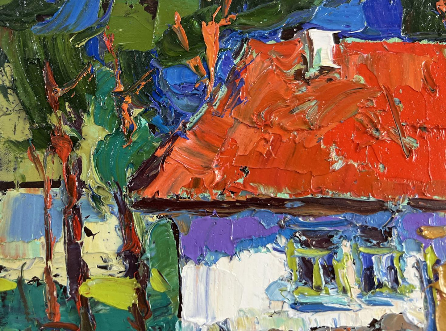 Oil painting Near the house a life of its own by Oksana Ivanyuk vibrant orange roof