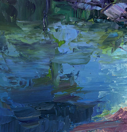 Oil painting Quiet morning by the river by Boris Serdyuk abstract blues greens
