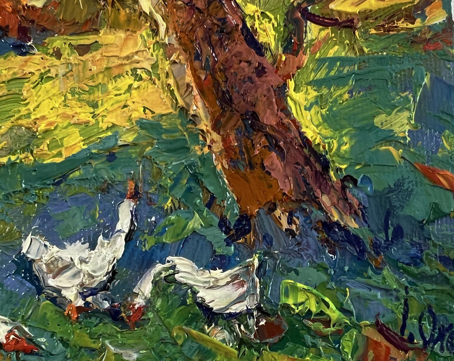 Oil painting In the shade of the trees by Oksana Ivanyuk textured tree trunk