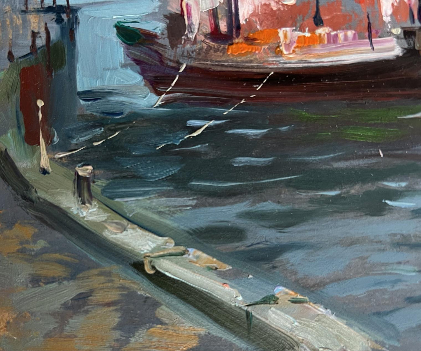 Vibrant impressionistic oil painting of Yuriy Suprunchuks red boat at weathered pier