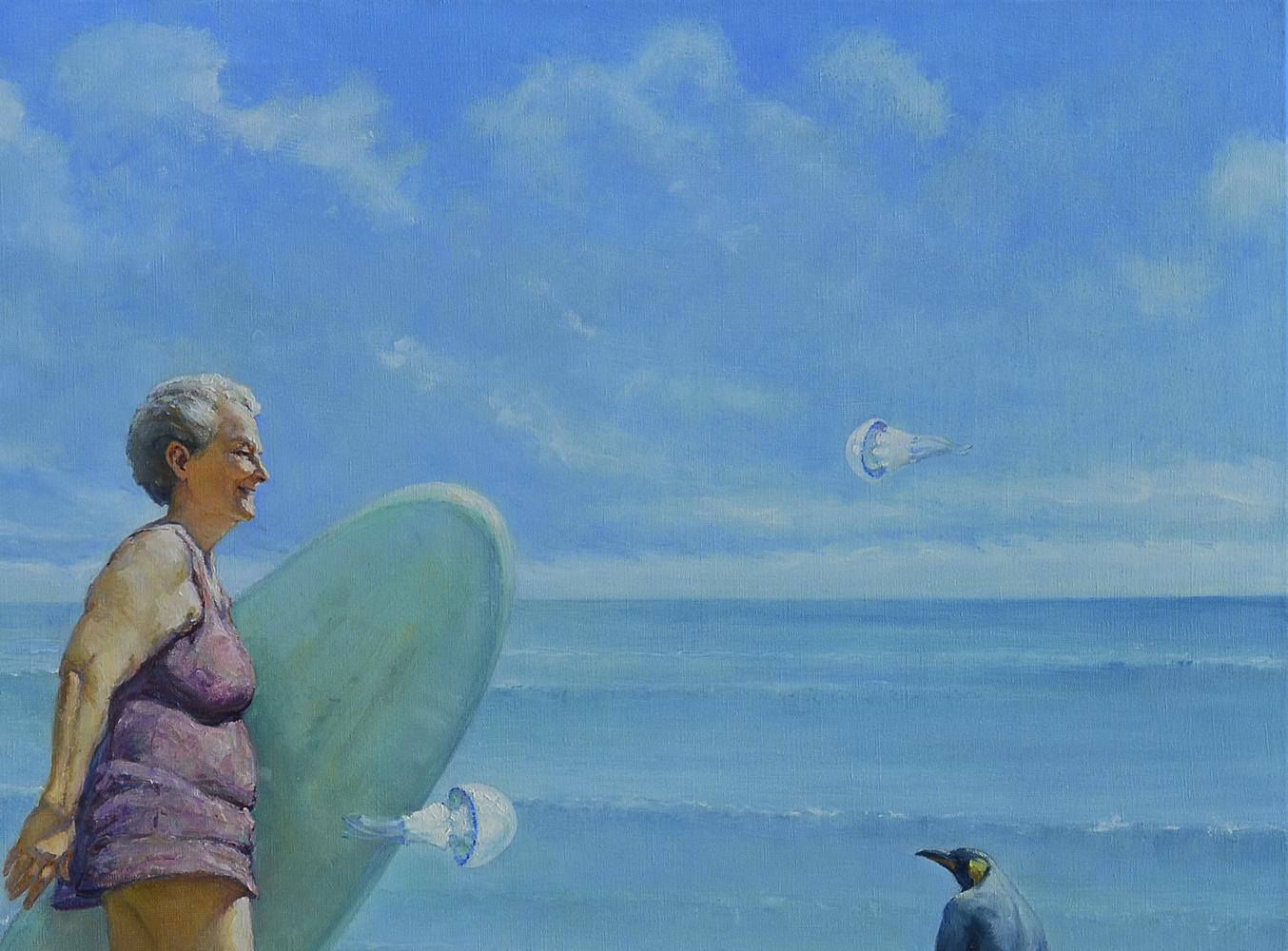 Oil painting Cold seashore by Oleg Kateryniuk: older woman in purple swimsuit holds light green surfboard