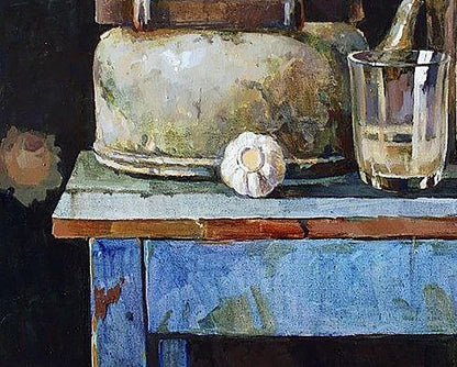 Oil painting of weathered teapot with patina by Anastasia Yaroshevich