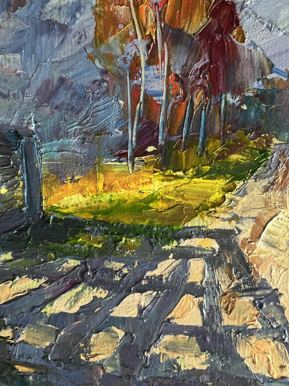 Oil painting Cold autumn wind by Boris Serdyuk, textured forest path
