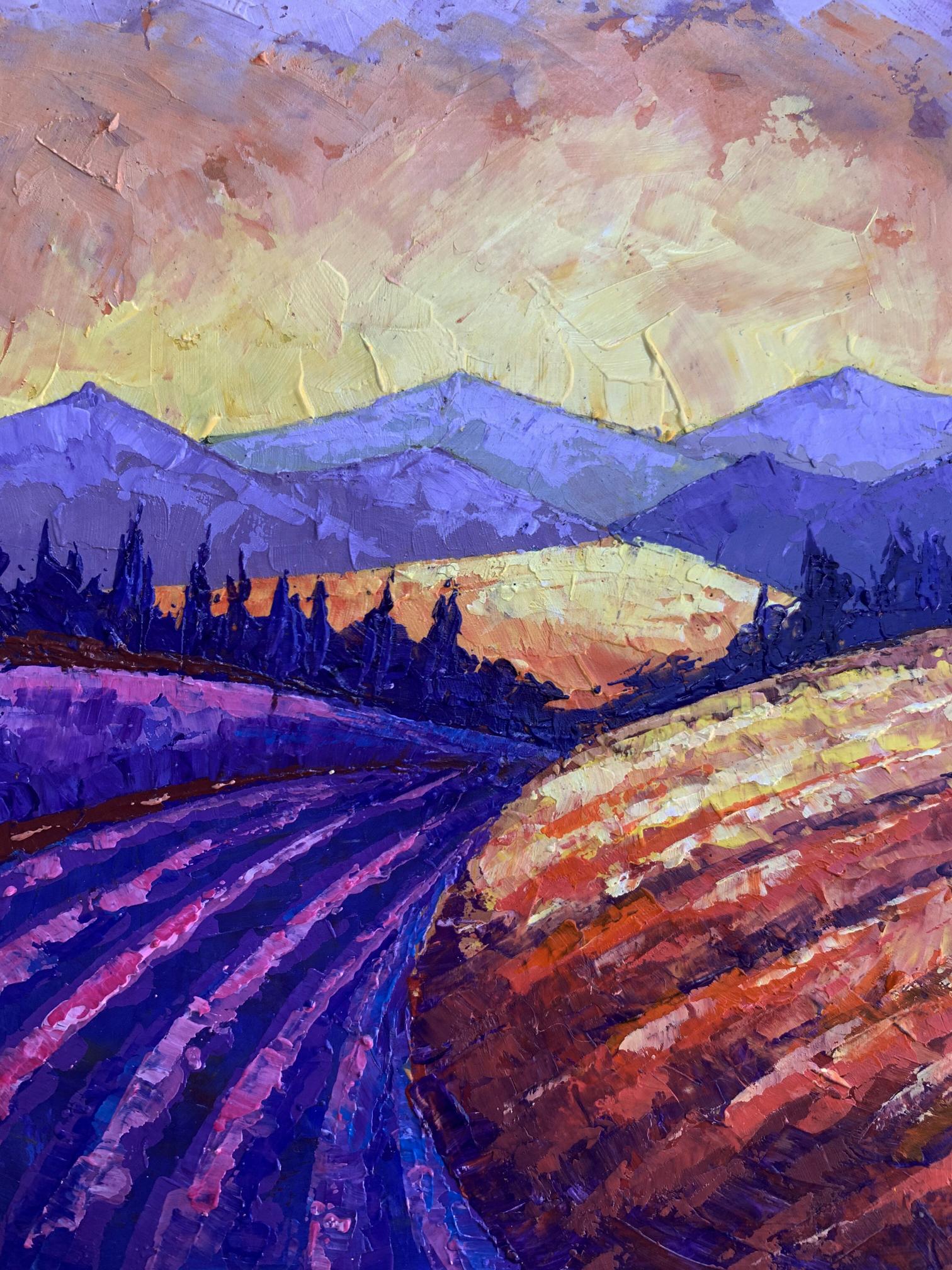 Oil painting Mountain Sunset V. Zadorozhnya impressionist hills at sunset