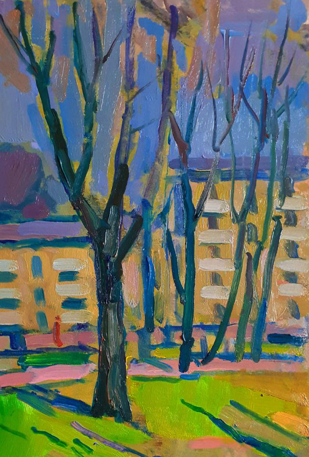 Vibrant impressionist oil painting by Pavel Dobrev: bare trees before yellow building