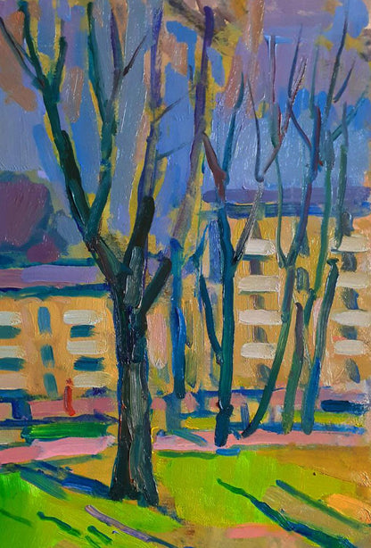 Vibrant impressionist oil painting by Pavel Dobrev: bare trees before yellow building