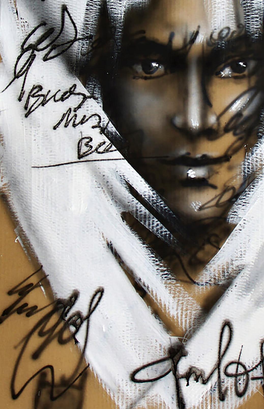 Black-and-white portrait of Dima Filatov, face veiled in fabric with signatures, acrylic painting My angel
