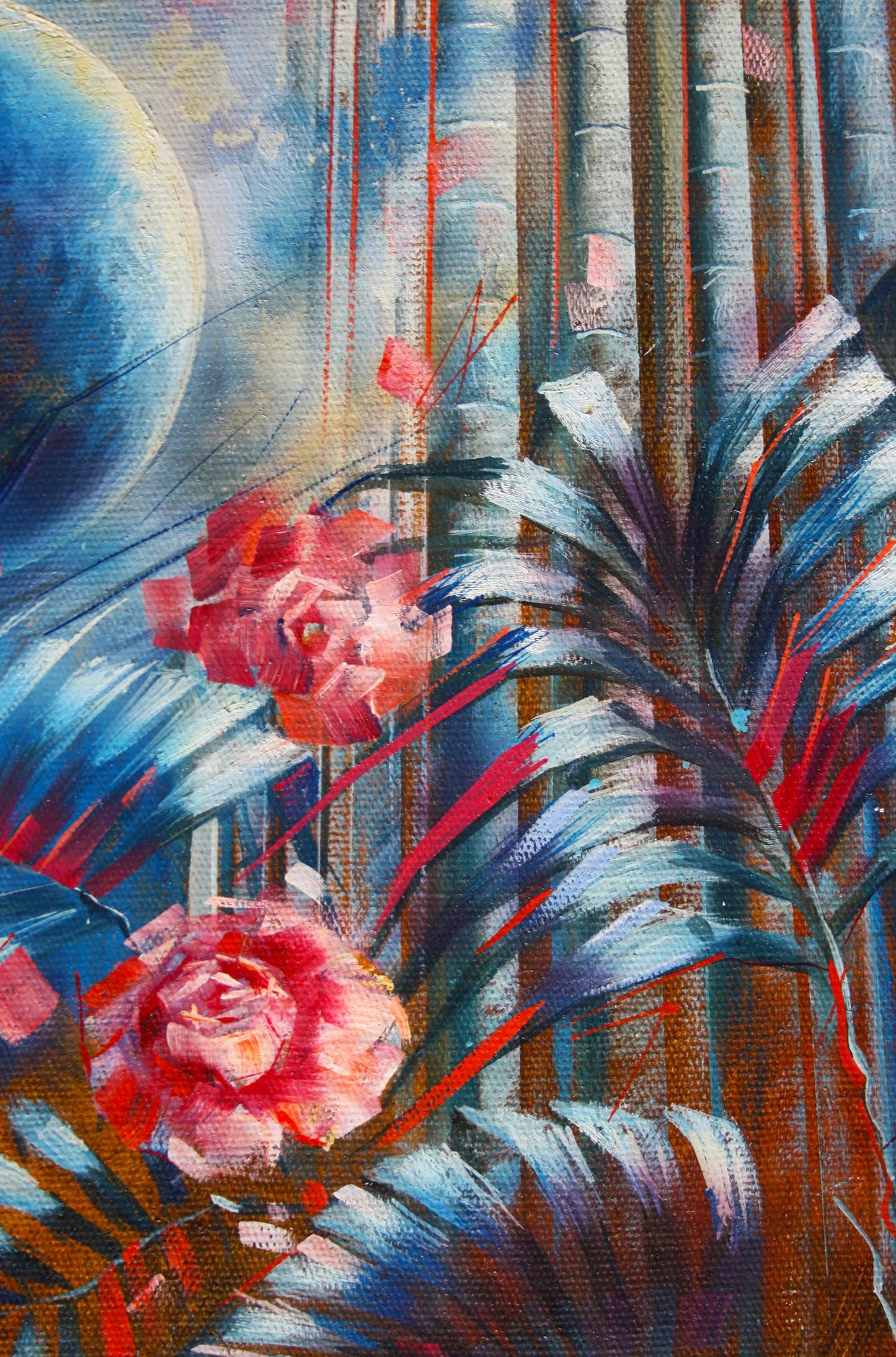 Vibrant Parade of Planets oil painting by Alexander Dobrodiy with red roses