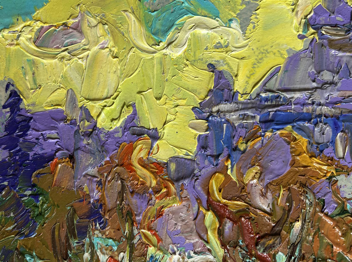 Vibrant impasto oil painting City yellow sunset by Oleksiy Ivanyuk