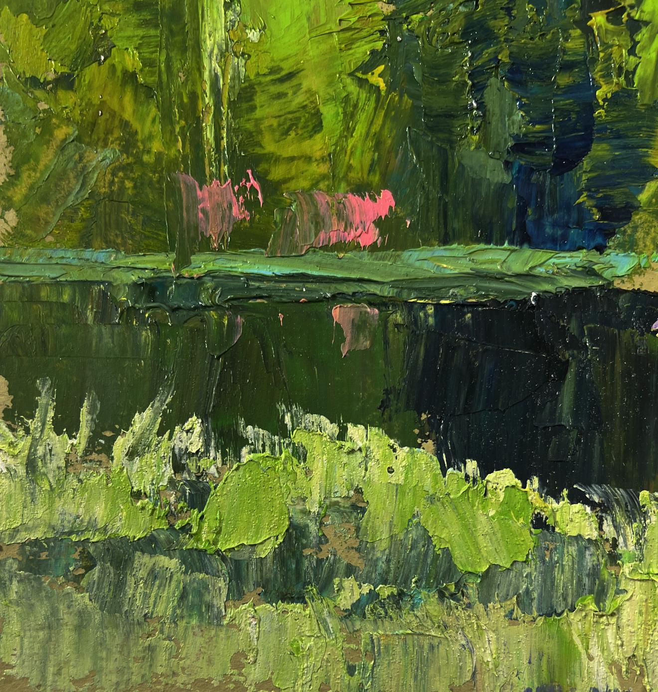 Vibrant green pink Spring lake forest oil painting by Boris Serdyuk