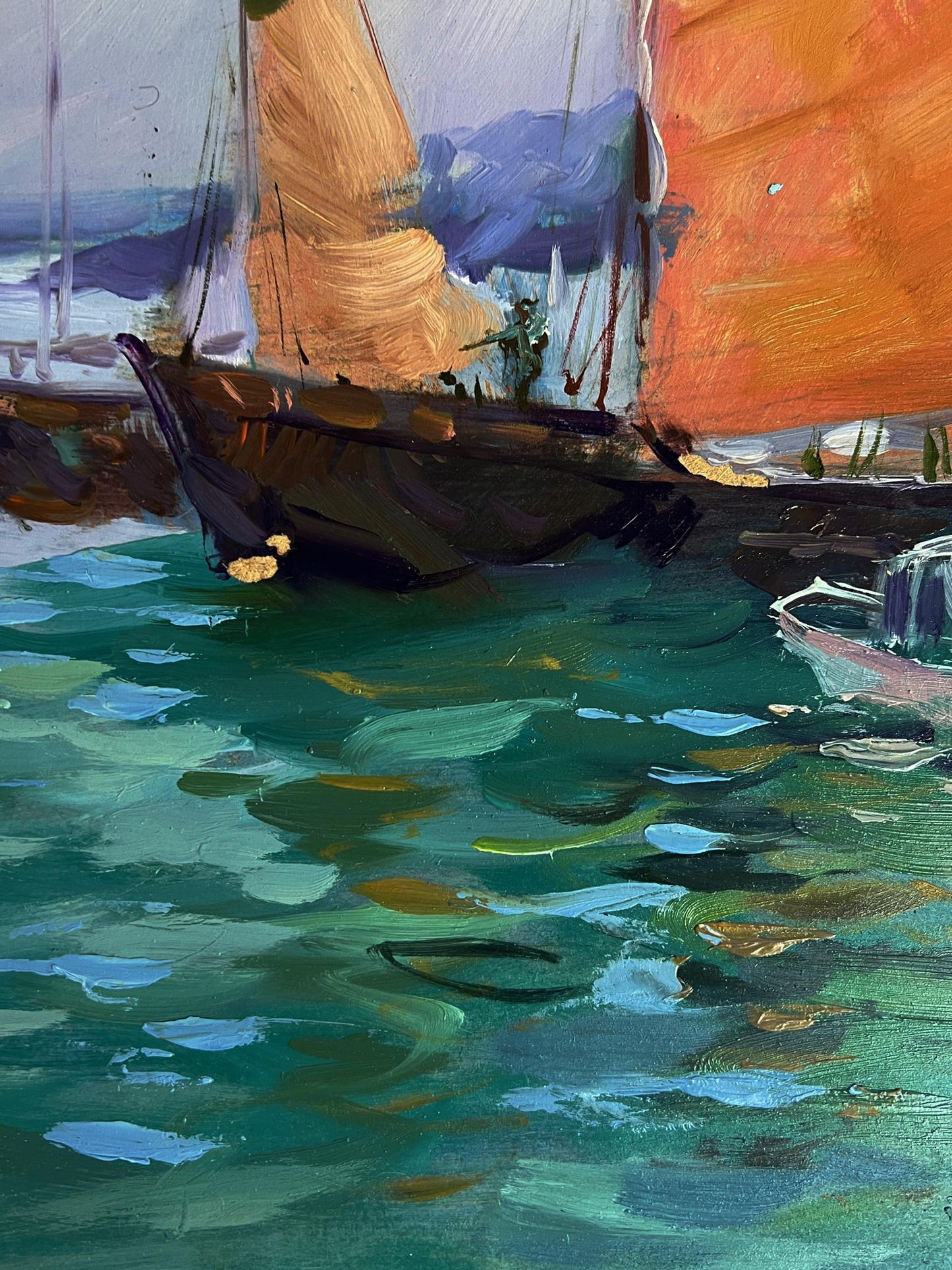 Oil painting of sailboat with orange sail at pier by Yuriy Suprunchuk