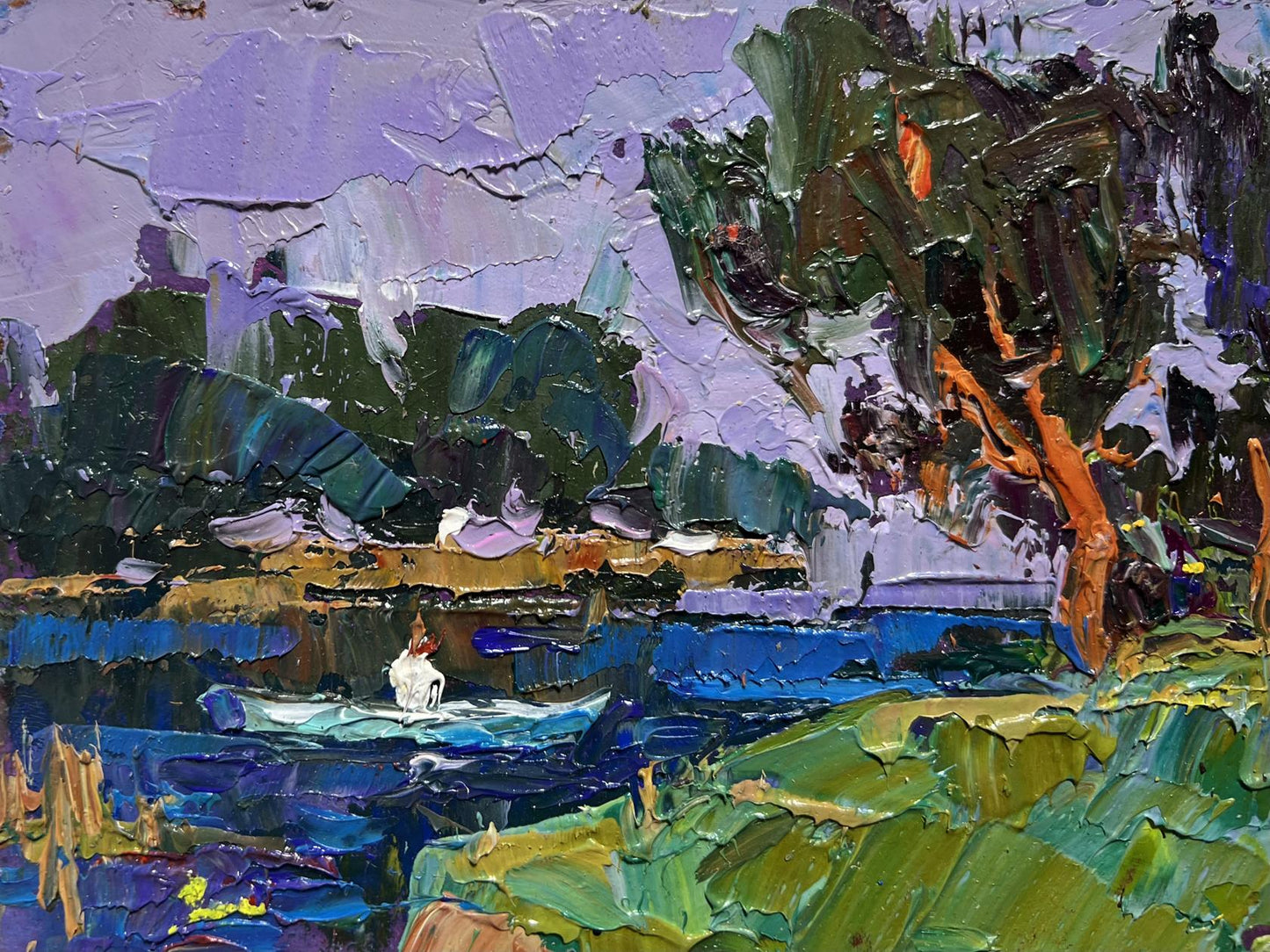Oil painting Swam to the Shore by Oksana Ivanyuk: white boat on blue water