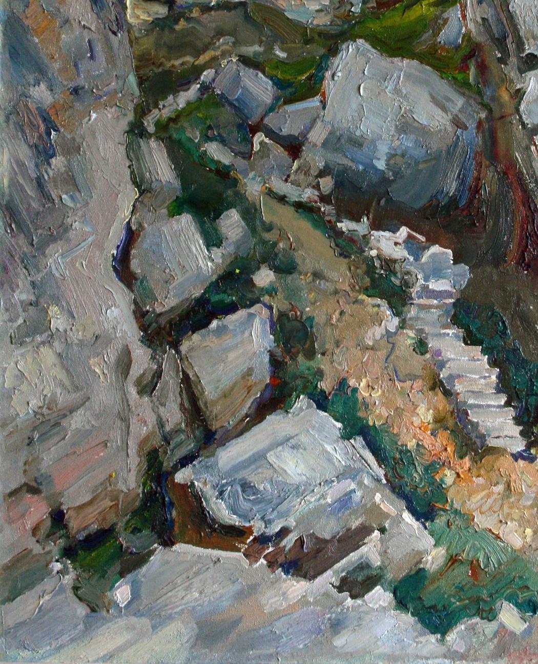 Oil painting Among the Rocks by Leonid Pavlenko, rocky landscape
