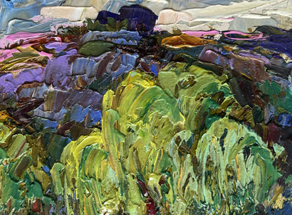 Vibrant impressionist oil painting of red blue boat by Oleksiy Ivanyuk