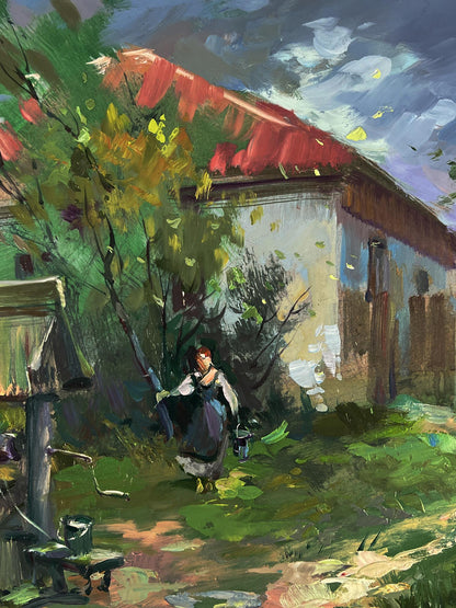 Oil painting of rustic village house with red roof by Yuriy Suprunchuk