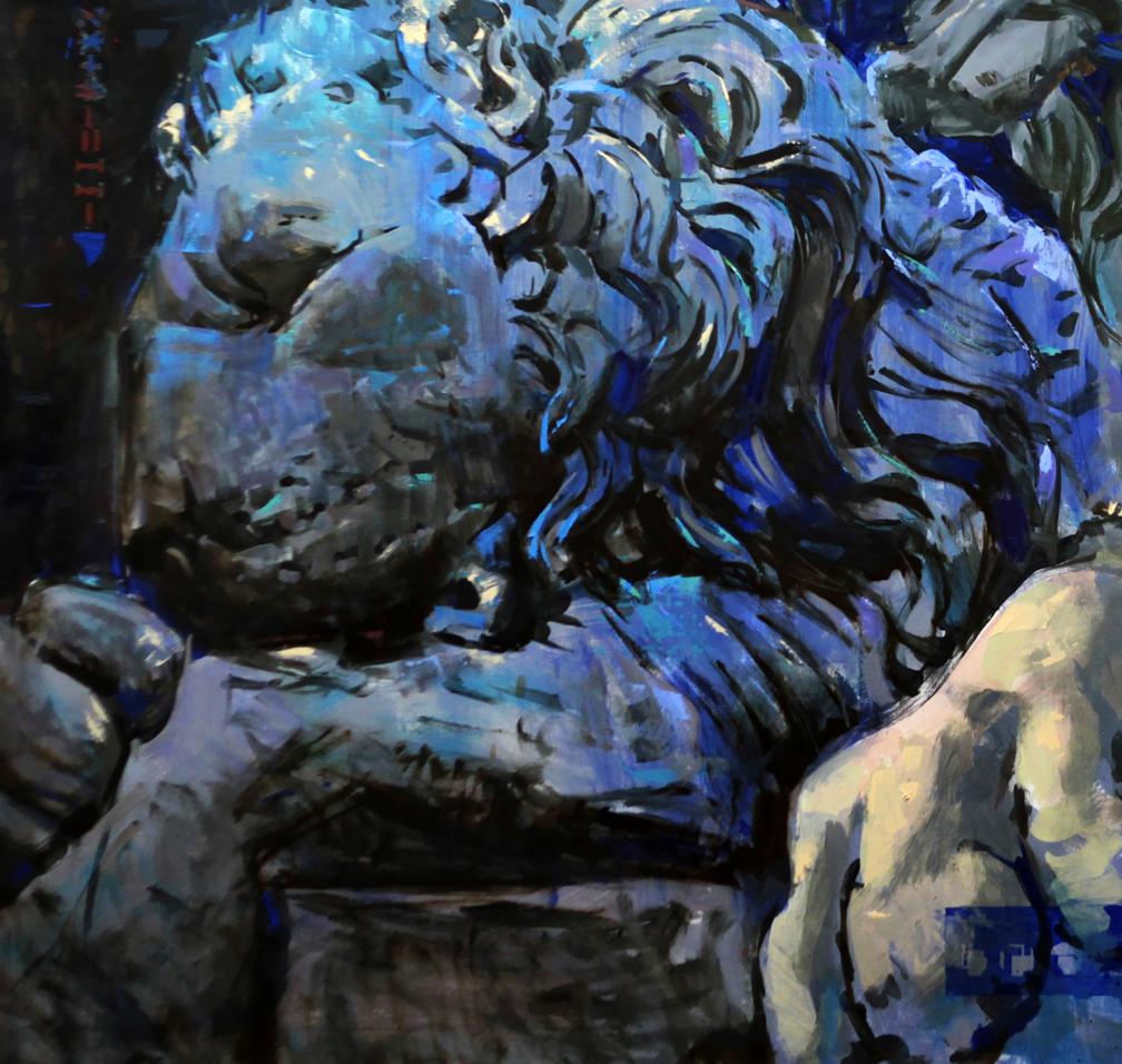 Textured blue-toned stone lion statue by Ed Potapenkov oil painting