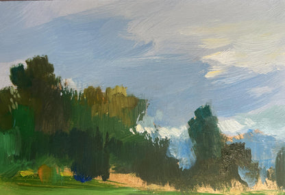 Textured oil painting of lush green trees under blue sky by Yuriy Suprunchuk