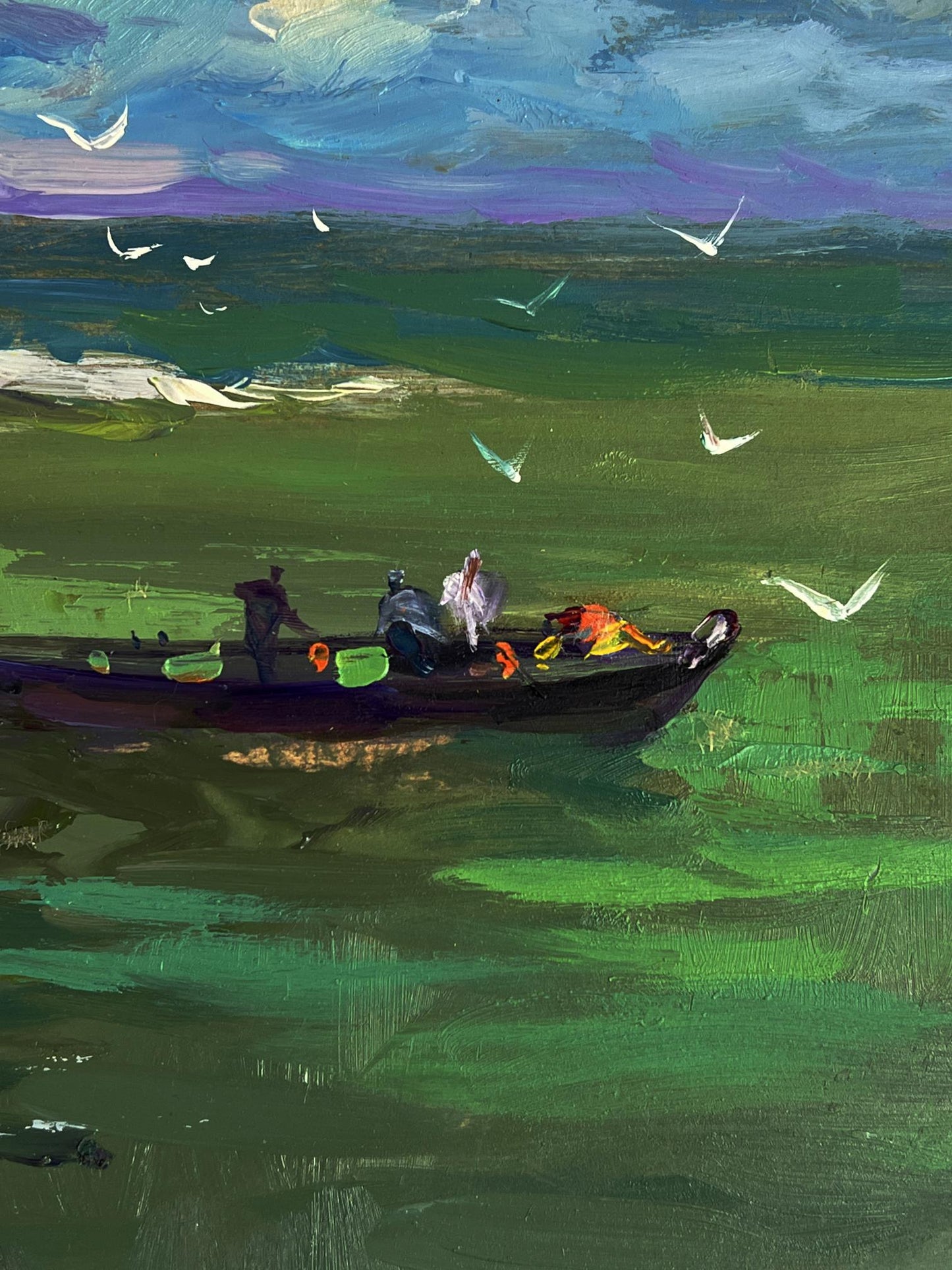 Oil painting of fishing boat at sea by Yuriy Suprunchuk