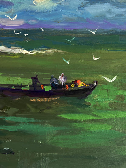 Oil painting of fishing boat at sea by Yuriy Suprunchuk