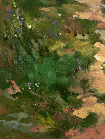 Vibrant impressionist oil painting of lush green field with wildflowers by Yuriy Suprunchuk