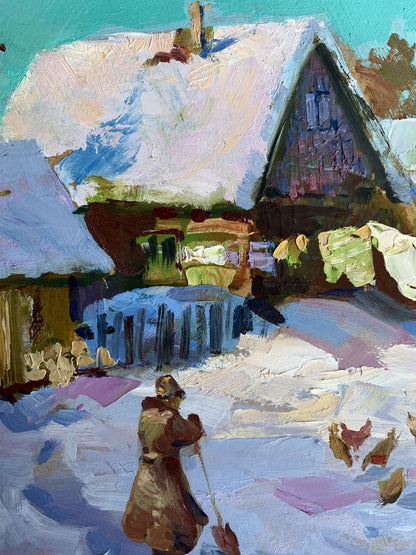 Snow-covered wooden house with steep roof by Yuriy Suprunchuk oil painting