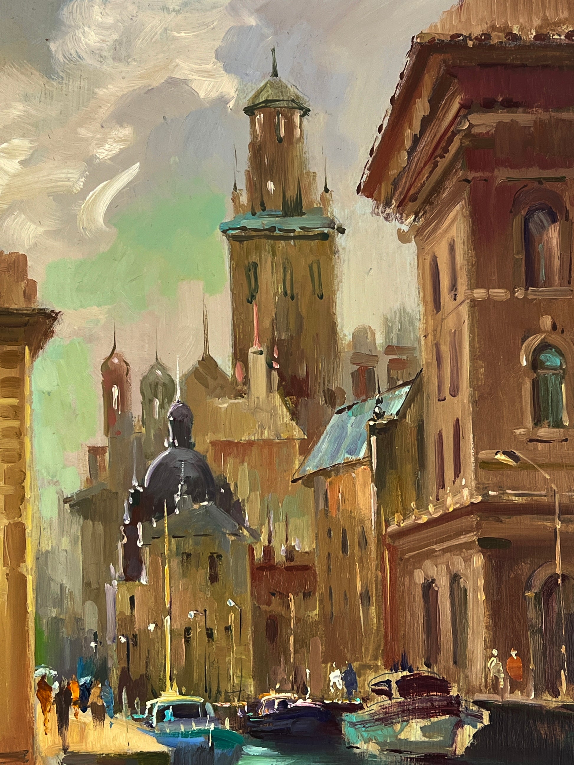 A warm-toned oil painting depicts a historic european cityscape with tall buildings, a prominent clock tower, and boats on a canal.