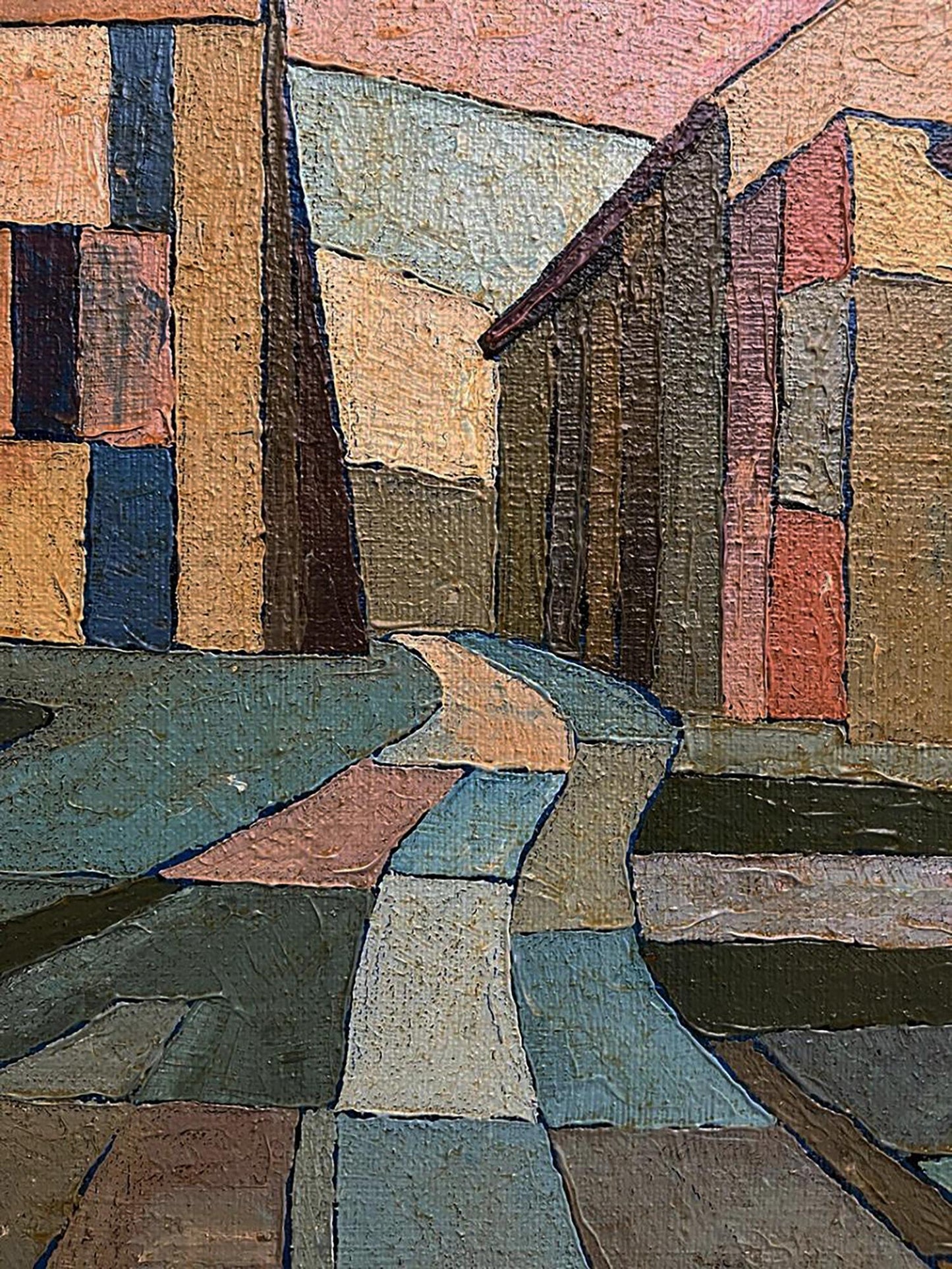 Oil painting The road to the square by Serhiy Kovalev, textured cobblestone alley