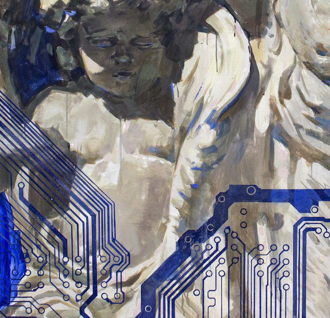 Oil painting System Angels by Ed Potapenkov with flowing white-gray robes and blue circuits