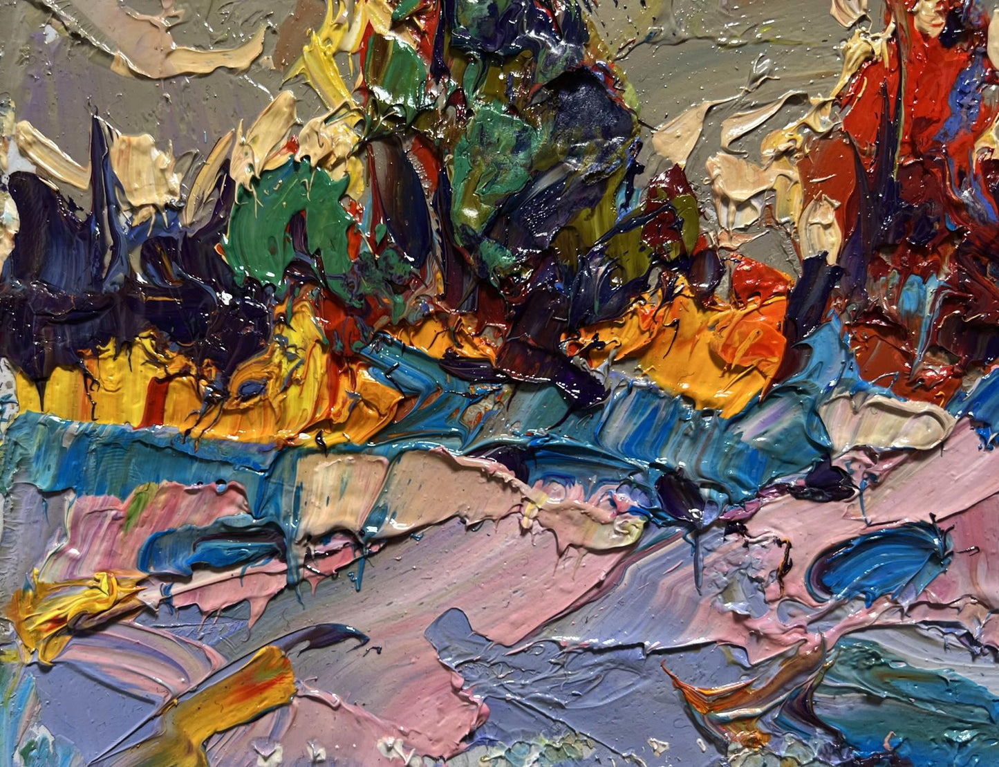 Oil painting The first snow fell by Oleksiy Ivanyuk vibrant abstract green blue orange pink