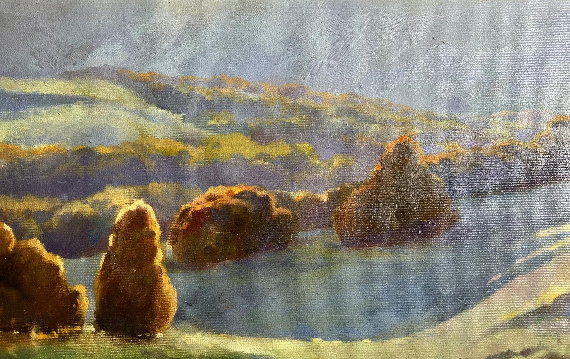 Oil painting Autumn mountains by Tatyana Derdey with hay bales and hills