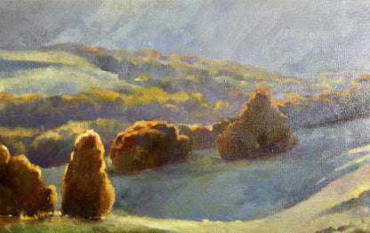 Oil painting Autumn mountains by Tatyana Derdey with hay bales and hills