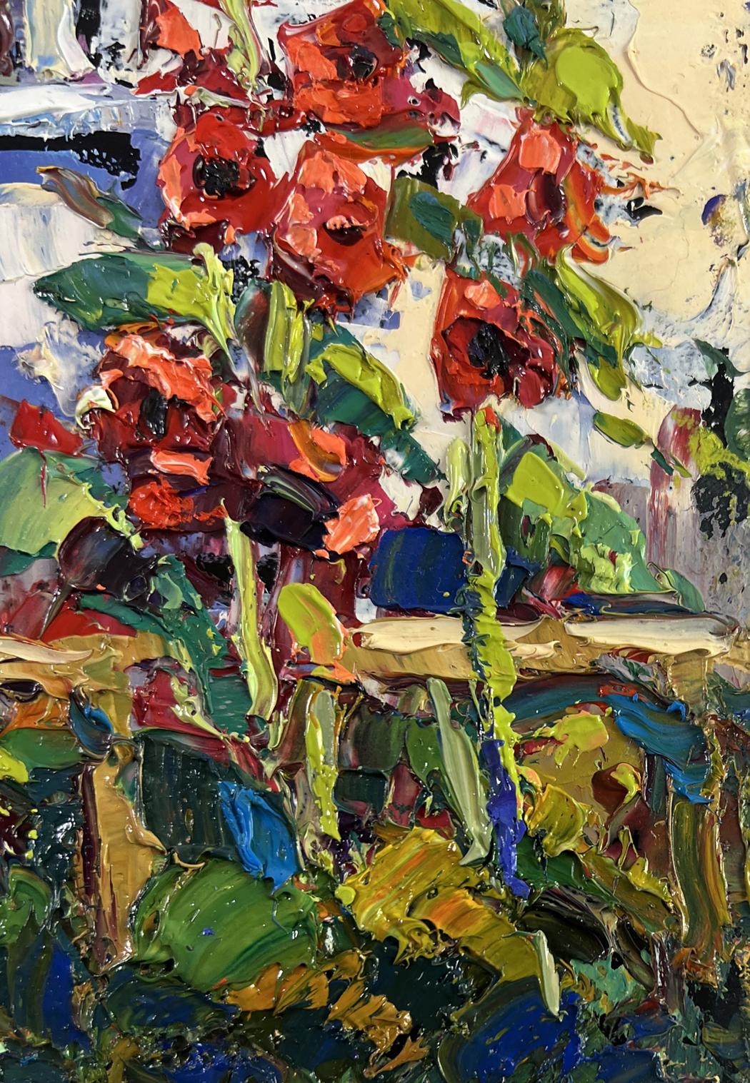 Oil painting of vibrant red poppies blooming near house by Oksana Ivanyuk