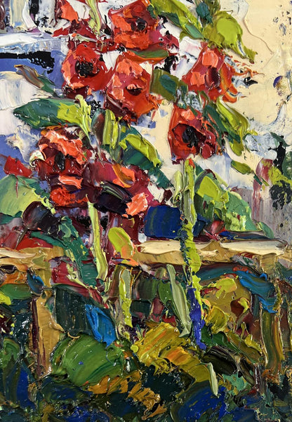 Oil painting of vibrant red poppies blooming near house by Oksana Ivanyuk