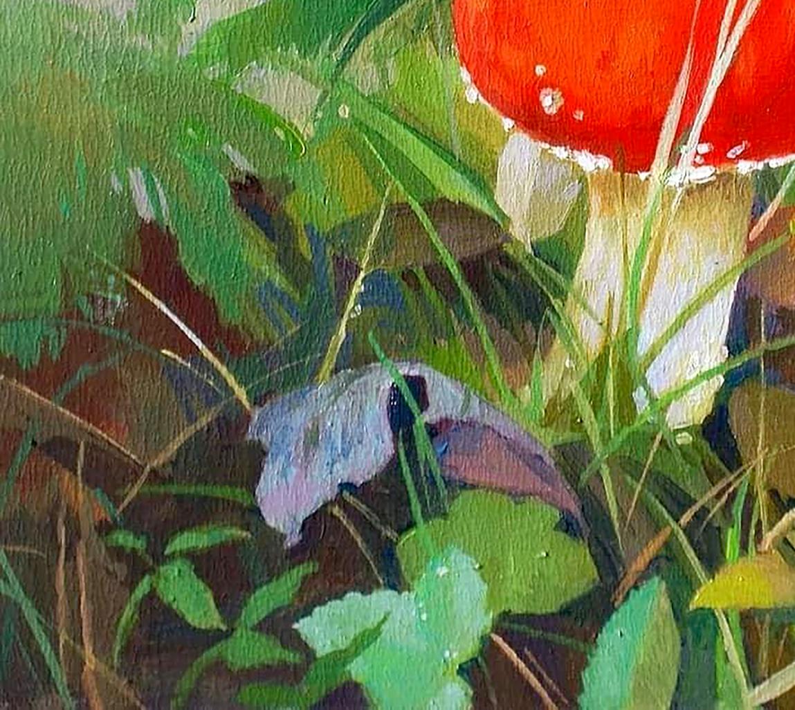Oil painting of vibrant red mountain mushroom by Anastasia Yaroshevich