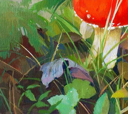 Oil painting of vibrant red mountain mushroom by Anastasia Yaroshevich