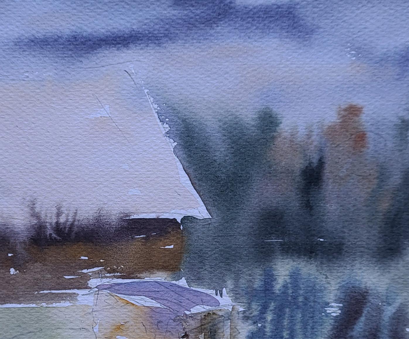 Watercolor painting of snow-covered roof by Boris Serdyuk